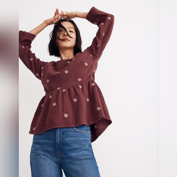 Madewell Tops - MADEWELL Embroidered Lightspun Peplum Open-Back Top